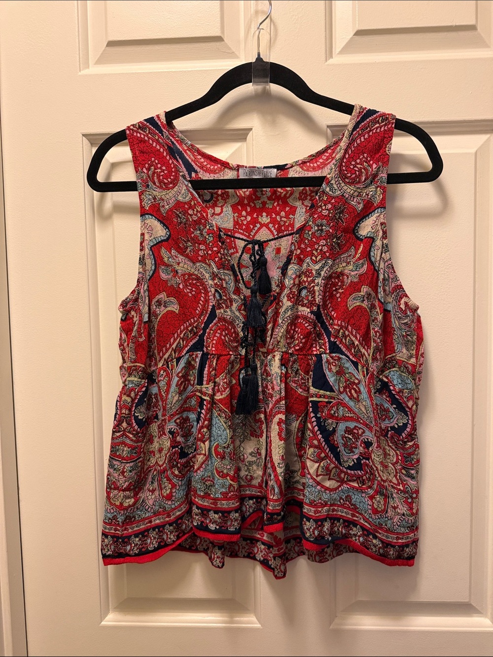Patrons of Peace Red Paisley Tie-Front Camisole with Navy Accents